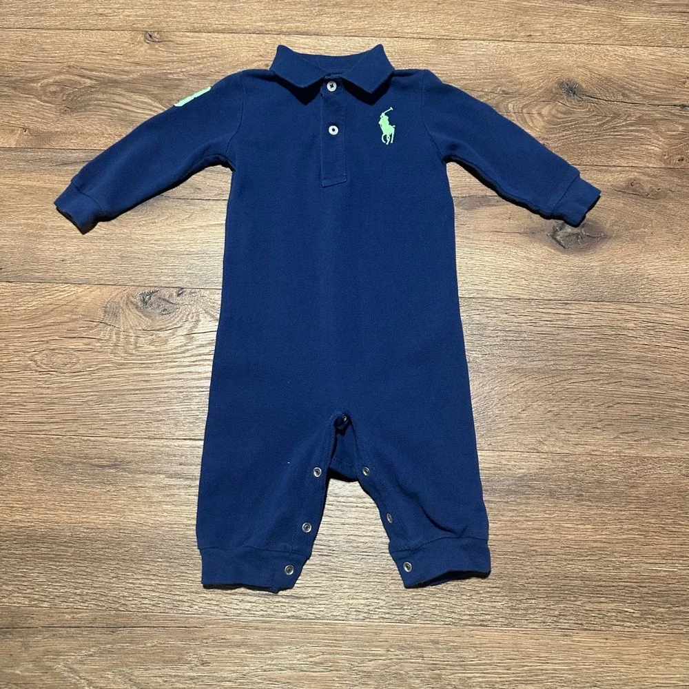 Ralph Lauren Navy Blue Long Sleeve‎ Polo Romper Baby Boy 6M